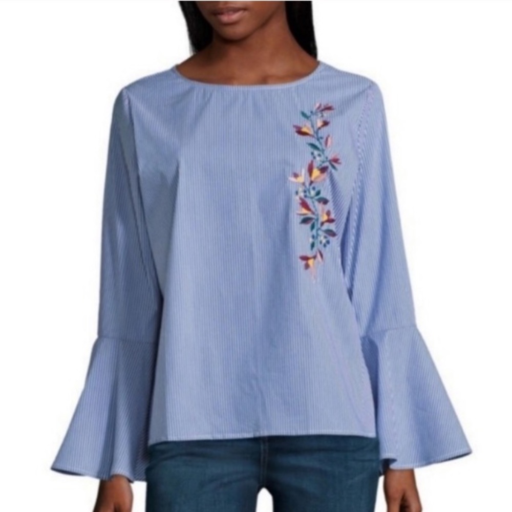 Blue and white striped bell sleeve blouse